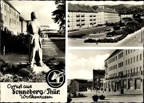 Ak Sonneberg in Thüringen, Wolkenrasen, Statue, Wohnblöcke