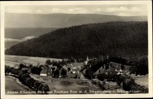 Ak Altenau Clausthal Zellerfeld Oberharz, Blick v. Forsthaus Rose m. Schwarzenberg u. Schützenklippe