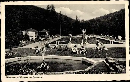 Ak Wildemann Clausthal Zellerfeld im Oberharz, Blick auf das Schwimmbad, Badegäste, Sprungbrett
