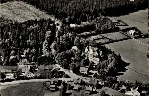 Ak Buntenbock Clausthal Zellerfeld Oberharz, Fliegeraufnahme vom Ort, Wald