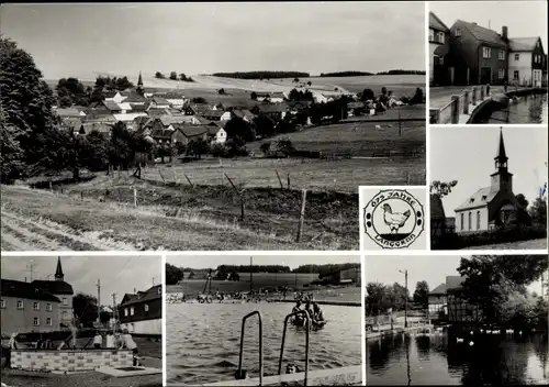 Ak Gefell im Vogtland Langgrün Thüringen, Panorama vom Ort, Kirche, 675 Jahre Wappen, Kanal, Freibad