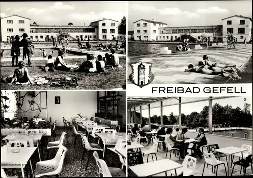 Wappen Ak Gefell im Vogtland, Freibad, Terrassencafe, Terrasse