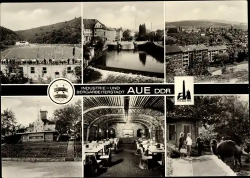 Ak Aue im Erzgebirge Sachsen, Otto-Grotewohl-Stadion, Muldenbrücke, Parkwarte, St. Urban Stollen