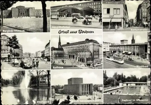 Ak Bochum im Ruhrgebiet, Bergbau Museum, Hauptbahnhof, Rathaus, Kortumstraße, Stadtbad