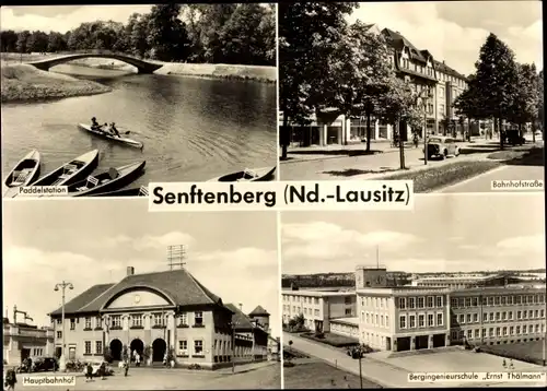 Ak Senftenberg in der Niederlausitz, Paddelstation, Bahnhofstraße, Hauptbahnhof, Bergingenieurschule