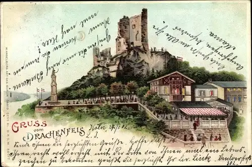 Litho Königswinter am Rhein, Blick zur Ruine, Drachenfels