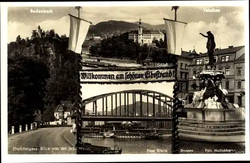 Ak Podmokly Bodenbach Děčín Tetschen an der Elbe Region Aussig, Neue Brücke, Brunnen