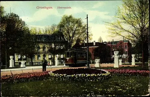 Ak Groningen Niederlande, Heereplein, Straßenbahn