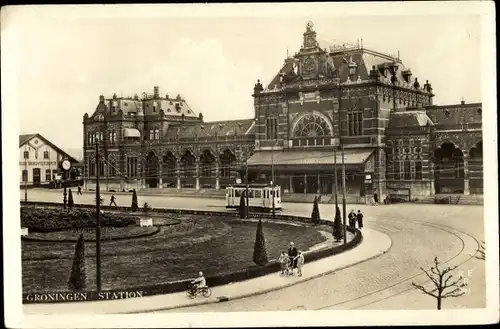 Ak Groningen Niederlande, Straßenbahn, Bahnhof