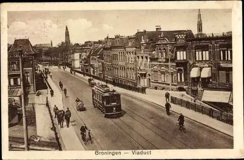 Ak Groningen Niederlande, Viaduct, Straßenbahn