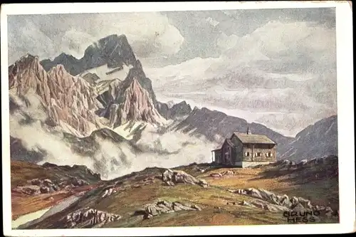 Künstler Ak Hess, B., Hofpürglhütte gegen den Torfstein, Dachstein, Nr. 1509