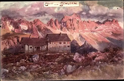 Künstler Ak Völs am Schlern Fiè allo Sciliar Südtirol, Rifugio al Monte Pez, Schlernhaus
