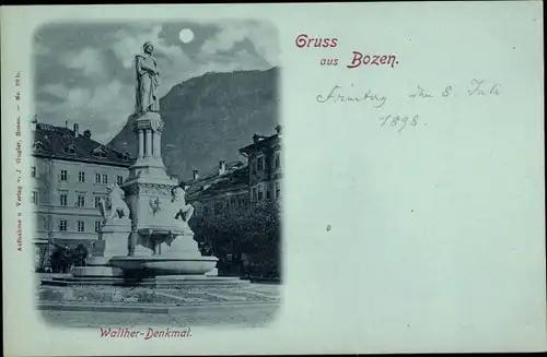 Mondschein Ak Bozen Bolzano Südtirol, Walther Denkmal