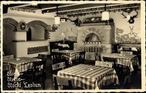Ak Leoben Steiermark, Inneres eines Restaurants, Tische, Stöckl