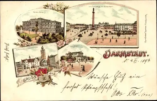 Litho Darmstadt in Hessen, Neues Palais, Marktplatz, Stadtkirche, Theater, Kriegerdenkmal, Wappen