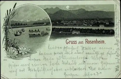 Mondschein Litho Rosenheim Oberbayern, Totale bei Nacht, Mondschein Bootspartie