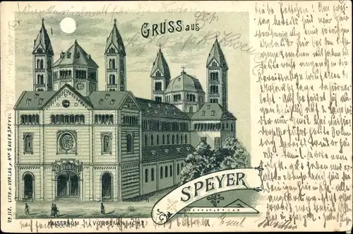 Mondschein Litho Speyer am Oberrhein Rheinland Pfalz, Kaiserdom, Vorderansicht