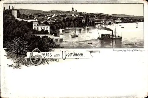 Litho Überlingen am Bodensee, Teilansicht, Salondampfer