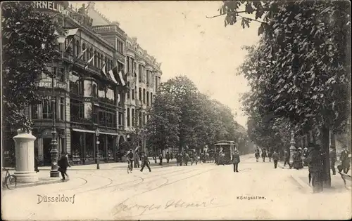 Ak Düsseldorf am Rhein, Königsallee, Geschäft G. Cornelius, Straßenbahn, Kutsche, Passanten