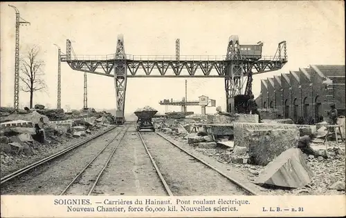 Ak Soignies Wallonien Hennegau, Carrieres du Hainaut, Pont roulant electrique, Nouveau Chantier
