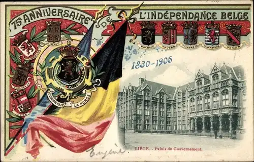 Wappen Ak Liège Lüttich Wallonien, Trink Hall d'Avroy, 75e Anniversaire de L'Independance Belge 1905