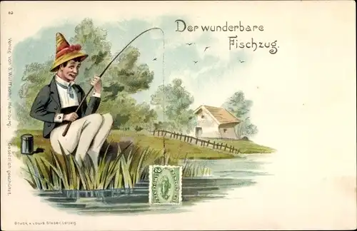 Briefmarken Litho Der wunderbare Fischzug, Angler angelt Briefmarke