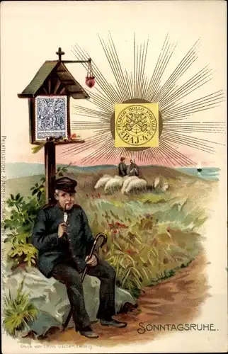 Briefmarken Litho Sonntagsruhe, Hirte mit Schafen, Franco Bollo Postale, BAJ 4