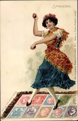 Briefmarken Litho Spanierin, Tanzende Frau in spanischer Tracht