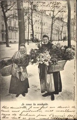 Ak Je vous la souhaite, Blumenverkäuferinnen, Handel, Blumenstrauß