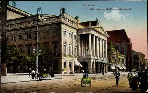 Ak Wrocław Breslau Schlesien, Schweidnitzer Straße mit Stadttheater