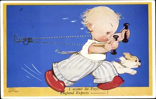 Künstler Ak Attwell, Mabel Lucy, England Expects, Junge trainiert am Expander, Hund