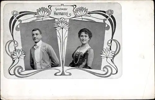 Jugendstil Passepartout Ak Geschwister Hermanni, Portrait, Variete