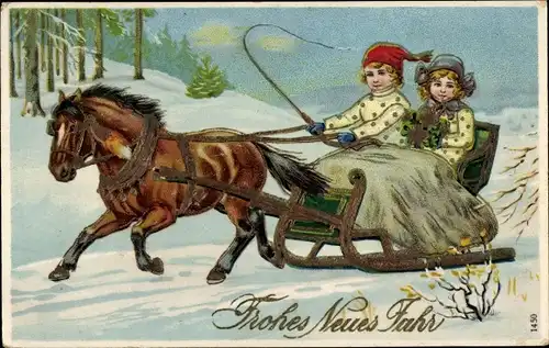 Präge Ak Glückwunsch Neujahr, Kinder im Schlittengespann