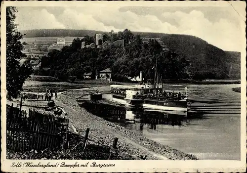 Ak Polle an der Weser, Salondampfer mit Burgruine, Hotel Restaurant Zur Burg