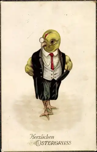 Ak Glückwunsch Ostern, Vermenschlichtes Küken im Anzug mit Monokel