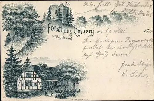 Litho Preußisch Oldendorf in Nordrhein Westfalen, Forsthaus Limberg, Burgruine
