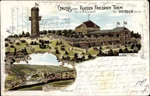 Litho Werden Essen im Ruhrgebiet, Kaiser Friedrich Turm, Gasthaus, Ruhrtal