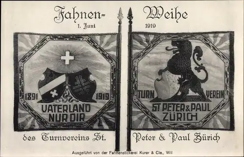 Ak Zürich Stadt Schweiz, Fahnenweihe 1919 des Turnvereins St. Peter & Paul, Fahnenstickerei Kurer