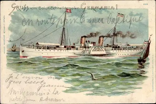 Litho Salonschnelldampfschiff Germania, Reederei Braeunlich Stettin