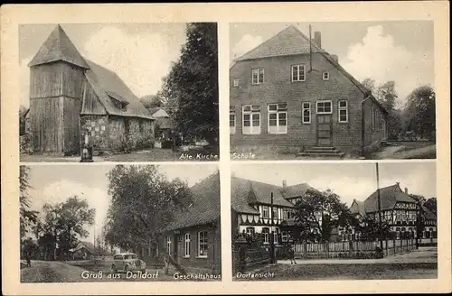 Ak Dalldorf Suhlendorf in der Lüneburger Heide, Kirche, Schule, Geschäftshaus, Dorfansicht