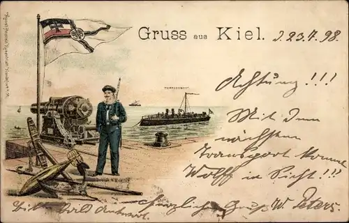 Litho Kiel in Schleswig Holstein, Seemann, Deutsches Kriegsschiff, Torpedoboot