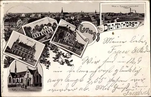 Litho Delmenhorst in Niedersachsen, Stadtansichten, Post, Kirche, Stadtpanorama, Tiergarten