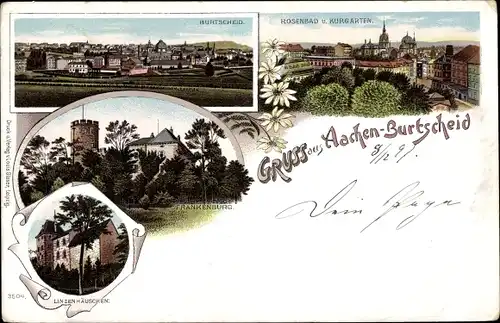 Litho Burtscheid Aachen Nordrhein Westfalen, Rosenbad und Kurgarten, Frankenburg, Linzenhäuschen