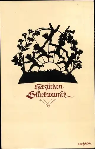 Scherenschnitt Ak Plischke, Georg, Glückwunsch, Kinderreigen