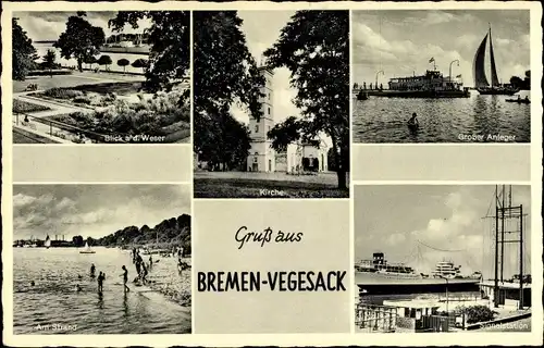 Ak Vegesack Bremen, Großer Anleger, Signalstation, Strand, Weserpartie, Kirche