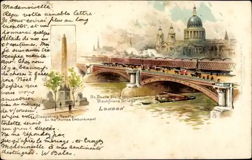 Litho London City England, St. Paul's from Blackfriars Bridge, Cleopatra's Needle