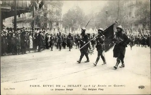 Ak Paris, Revue du 14 Juillet 1918, Le Drapeau Belge, Parade