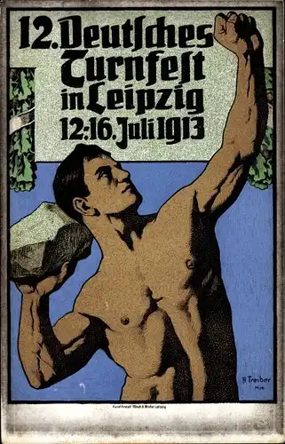 Künstler Ak Treiber, H., 12. Deutsches Turnfest in Leipzig 1913, Der Steinstößer