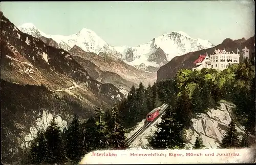 Ak Interlaken Kt. Bern Schweiz, Heimwehfluh, Eiger, Mönch und Jungfrau, Standseilbahn