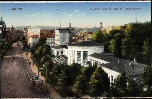 Ak Aachen in Nordrhein Westfalen, Friedrich Wilhelm-Platz mit Elisenbrunnen, Straßenbahn